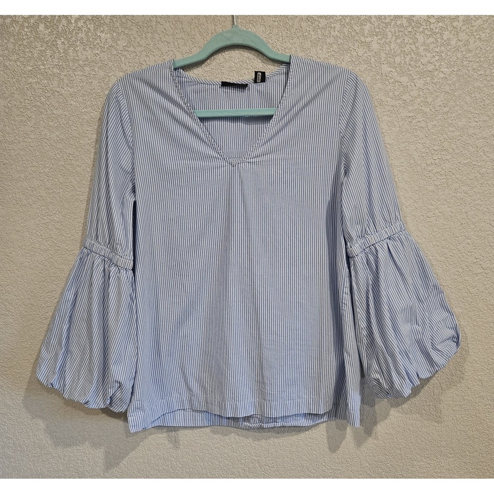 Coastal Halogen Blue & White Striped Balloon Sleeve Blouse 100% Cotton Sz Small